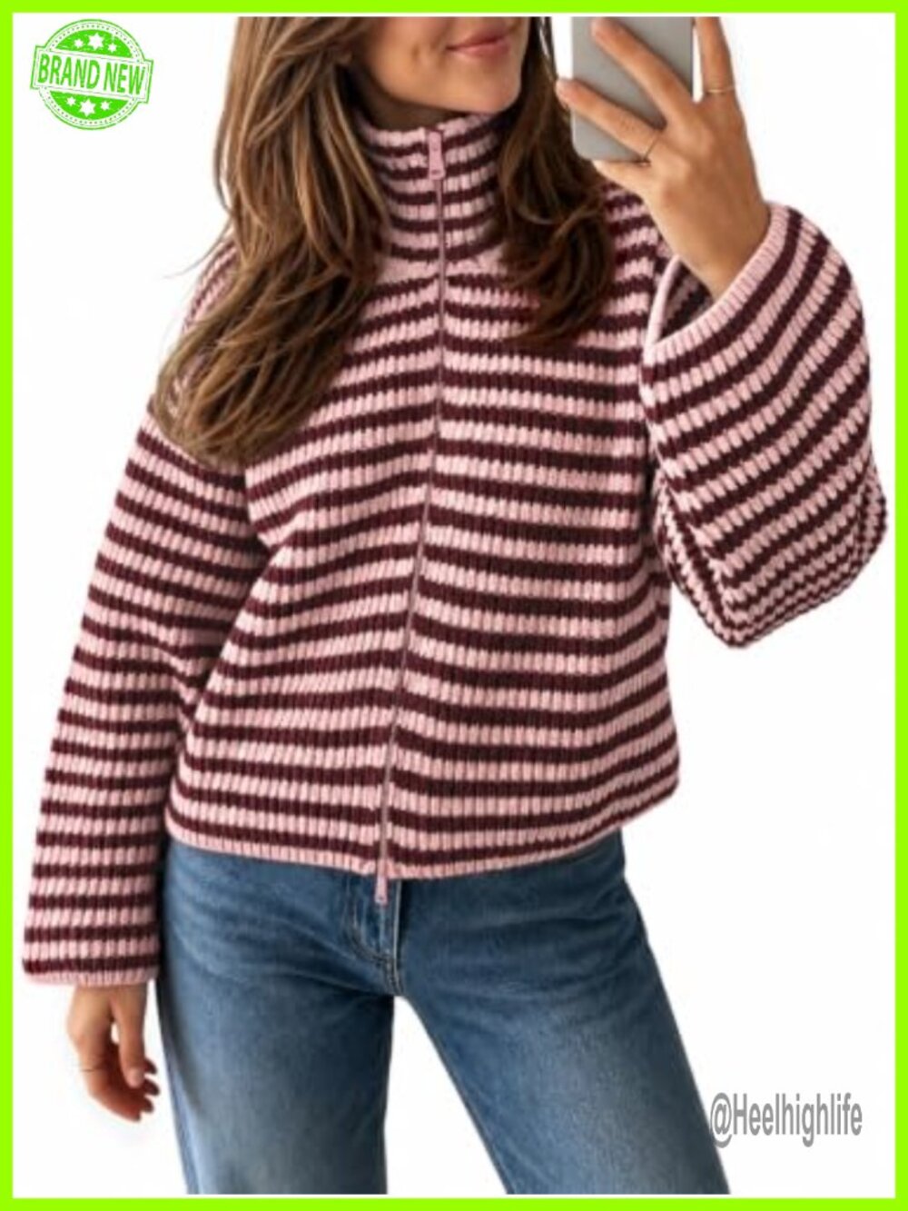 Womens Striped Zip Up Cardigan Mock Neck Loose Fit Knit Long Sleeve Sweater Top